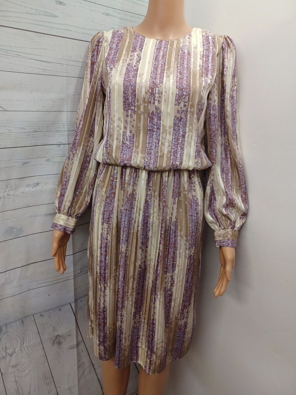 Vtg Warren Dress Striped Silky Long Sleeves Secretary Petite Sz 4 / 4P